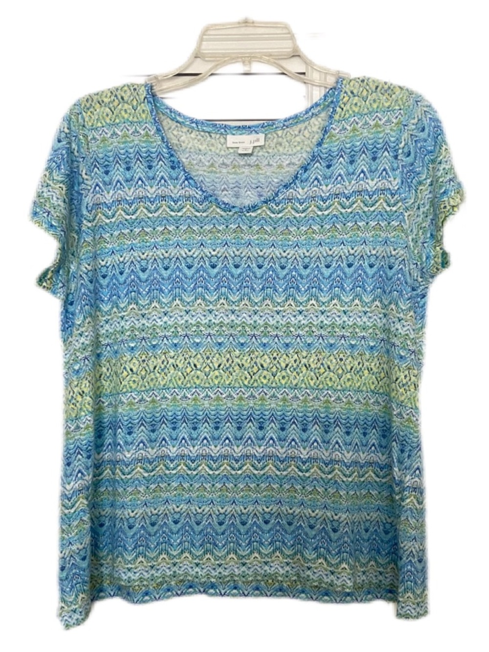 J. Jill Love Linen Blue and Green V-Neck Short Sleeve 100% Linen Knit Top SizeSP